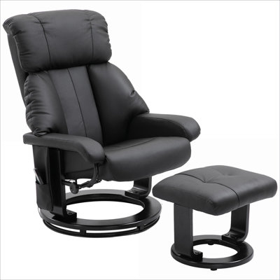 Faux Leather Massage Recliner with Ottoman FlowLuxe Living Room and Bedroom Deep Black Swivel Wood Base Vibration Massage