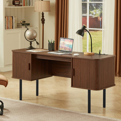 55'' Computer Desk With 2 Storage Cabinets, Mid Century Executive Desk With Charging Station, Modern Home Office Large Desk With Adjustable Metal Legs