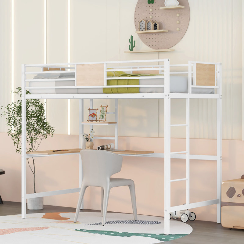 Lit mezzanine simple en métal avec bureau et tablette, blanc