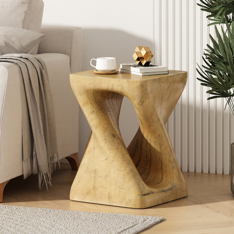 Table d'appoint au design torsadé, texture semblable au bois, couleur naturelle, intempéries, idéale pour la détente intérieure et extérieure, 11,78 po x 11,78 po x 17 po, table sans forme d'assemblage, teinte, balcon de bureau polyvalent,