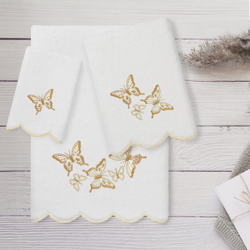Ensemble de serviettes 3 pièces Linum Home Textiles 100% coton turc BRITNEY, Blanc / beige, Ensemble 3 serviettes de bain