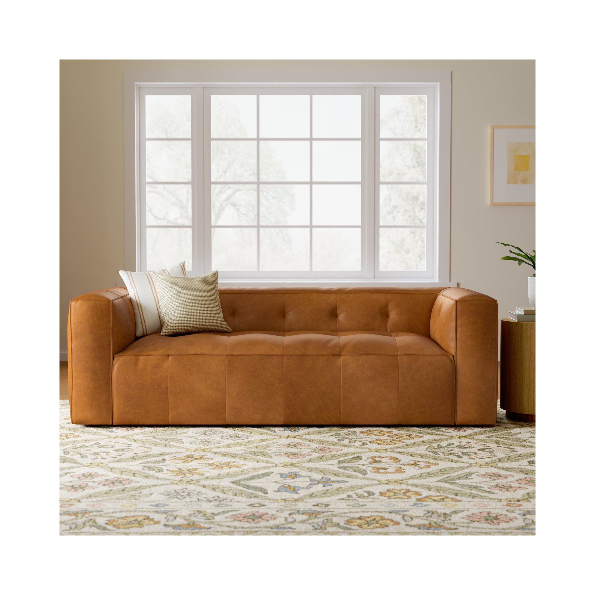  92'' Full-Grain Genuine Italian Leather Square Arm Sofa, Saddle Tan Genuine Leather