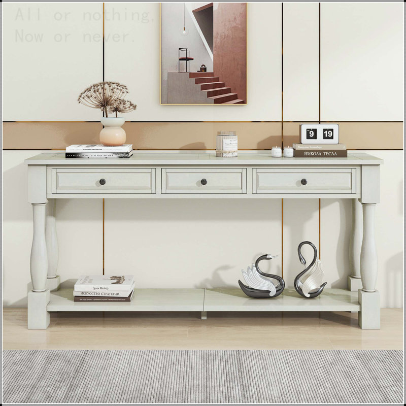 Console extra-longue avec tiroirs et tablette, Blanc antique