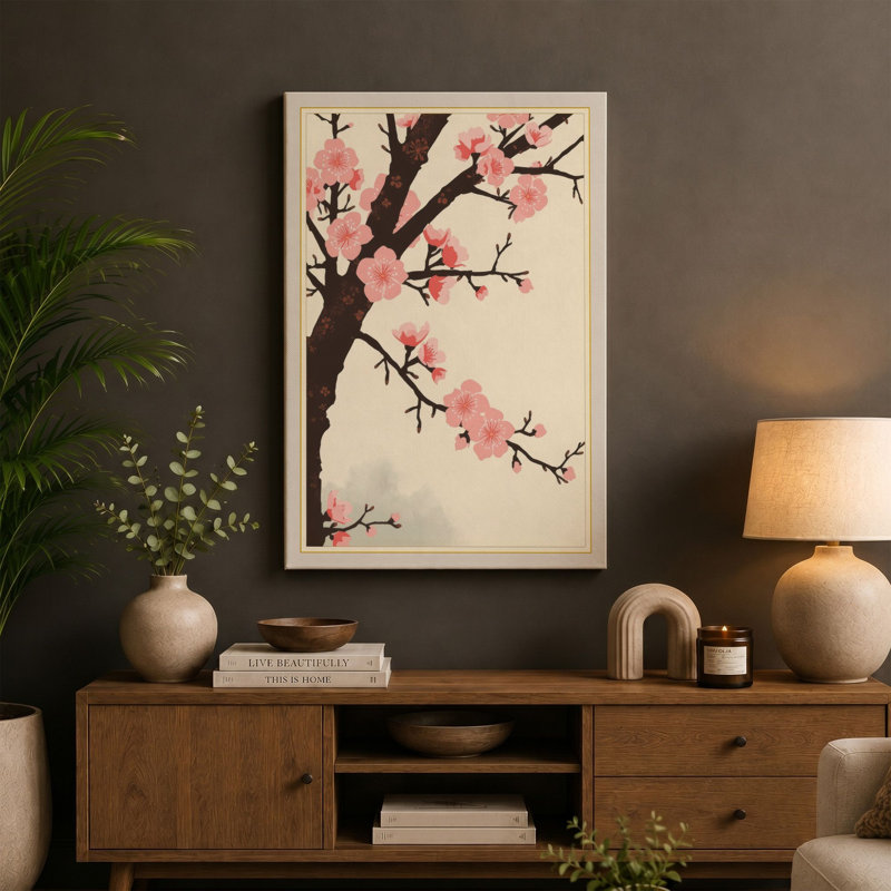Cherry Blossom Branch Japandi - Wrapped Canvas, 36x24 - 91.4 x 61.0 cm, White Border