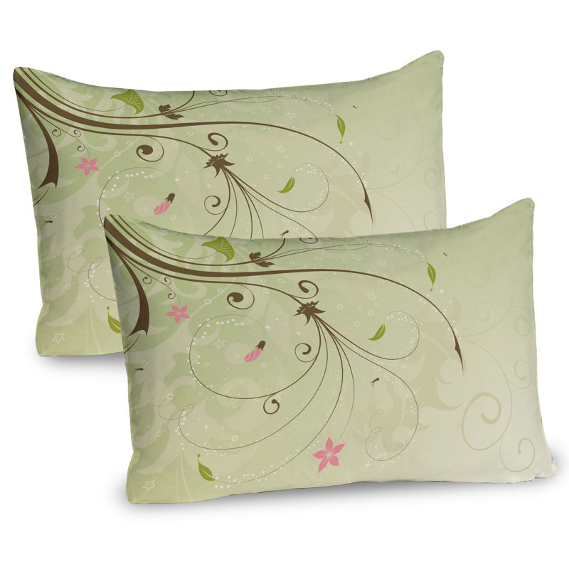 Pale Green and Brown Microfiber Floral Pillow Shams, 2 Pack