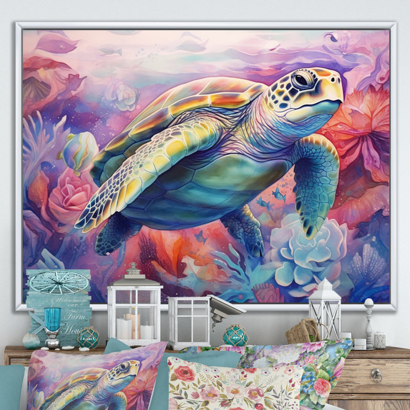 " Graceful Turtle ", 12" H x 20" W x 1" D, White Floater Framed