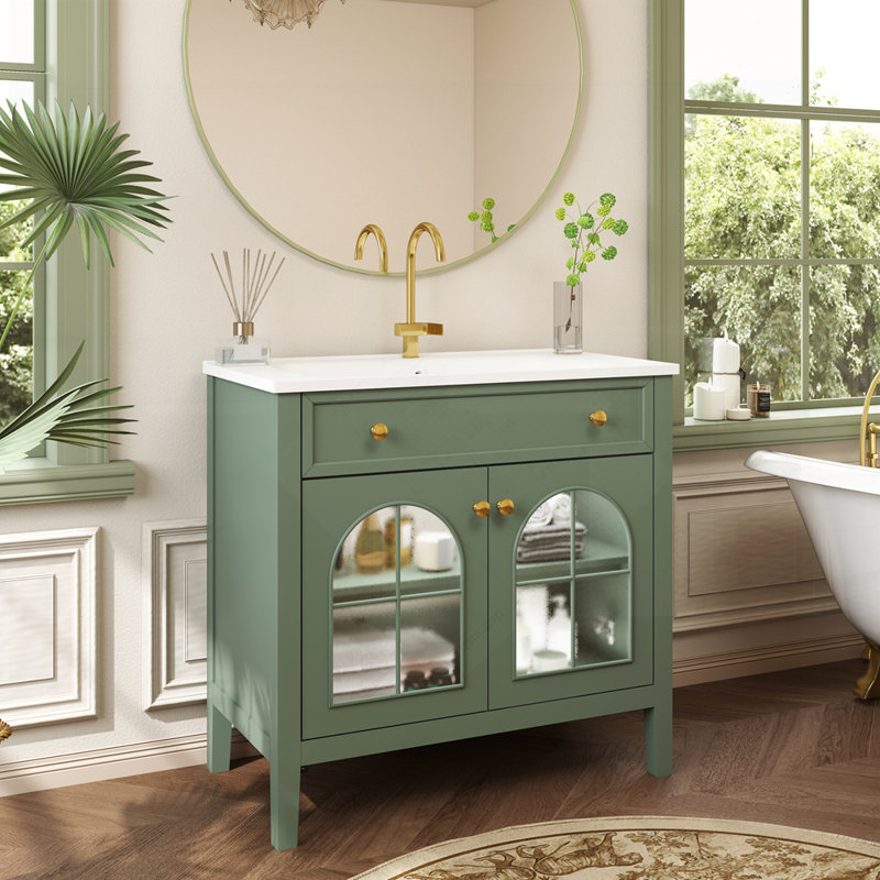 Meuble-lavabo de salle de bain haut de gamme Mid-Century, Vert