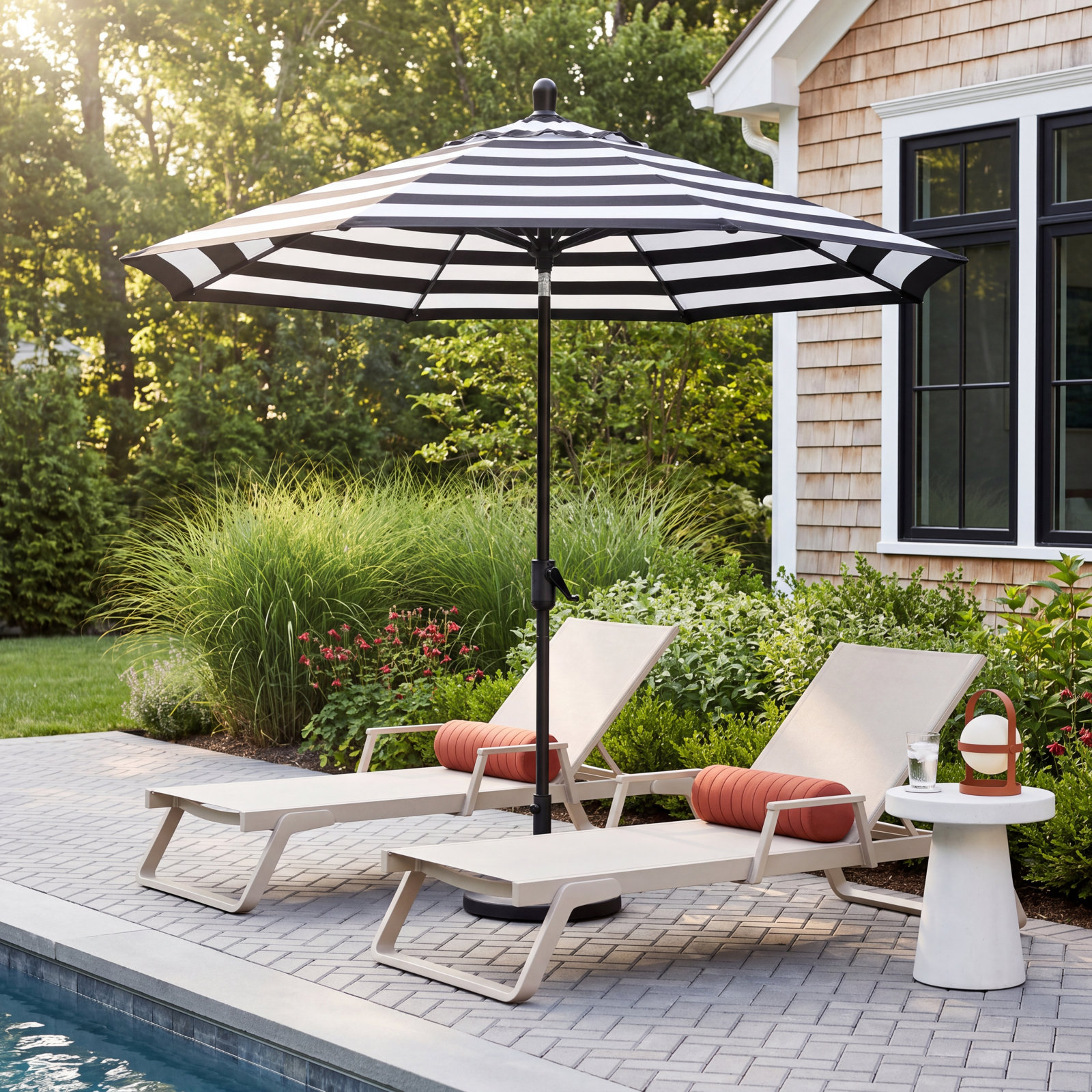 Natalie 8.7' Market Umbrella, Black Sapphire, Black Stripe Sunbrella®