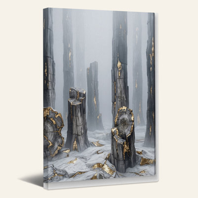 Art mural sur toile, "Troncs d'arbres brûlés avec feuille d'or dans la forêt brumeuse"