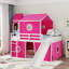 Lit mezzanine double rose avec glissoire, tour et tente de pin fermée-182348070