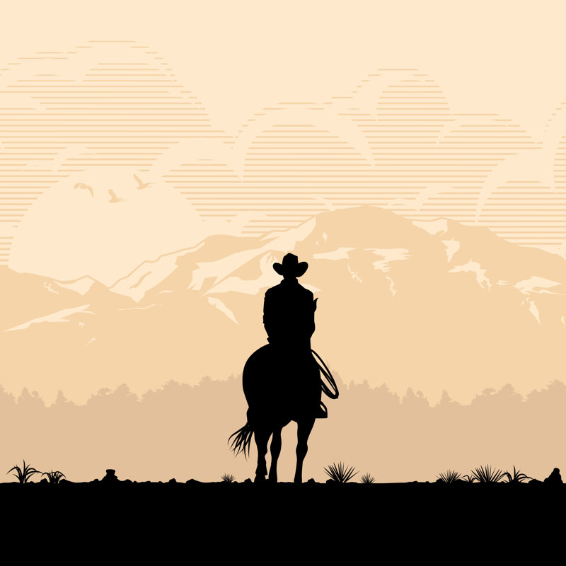 Silhouette Of Lonesome Cowboy Riding Horse At Sunset, Vector Illustration by Kanyakits - Wrapped Canvas Print