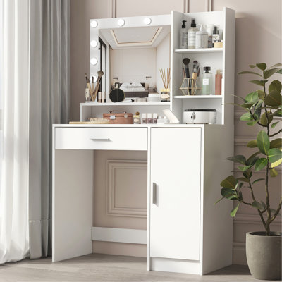 Bureau de coiffeuse avec miroir et lumière, commode de rangement à trois niveaux avec grand tiroir, 3 modes d'éclairage à luminosité réglable, coiffeuse de chambre à coucher (blanc)