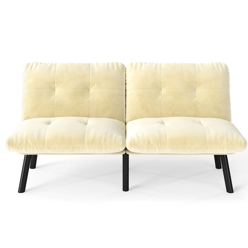 Lit simple crème moderne qui peut être converti et plié, 2 places, dossier réglable pour un confort personnalisé, revêtement en velours, structure en métal, rembourrage en mousse, petit salon convertible pliant