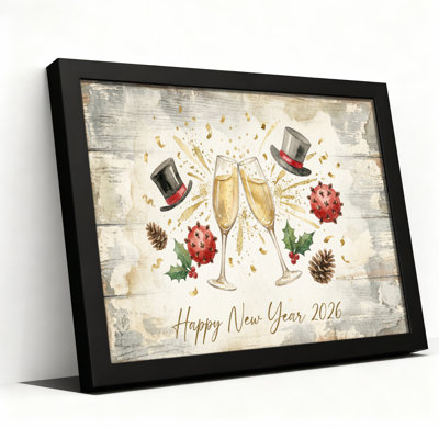 Verre à champagne, chapeaux, pommes de pin et poinsettias, thème de Noël sur toile tendue, reproduction de peinture à l'huile, bonne année 2026, décoration pour la saison des Fêtes