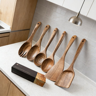 Acacia Wooden Cooking Utensil Set, 6-Piece Nonstick Kitchen Spoons And Spatulas For Everyday Cooking Tasks, Durable And Heat-Resistant
