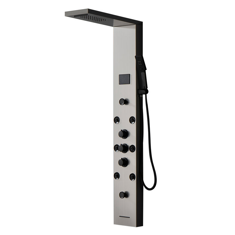 Système de panneau de tour de douche à inverseur 6 voies avec pomme de douche à pluie, baguette de douche et lumière DEL en nickel noir