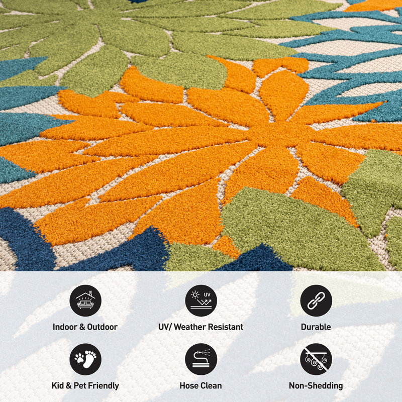 Floral Ivory/Multi Indoor/Outdoor High-Low Area Rug, Multi, Rectangle 2' x 3'
