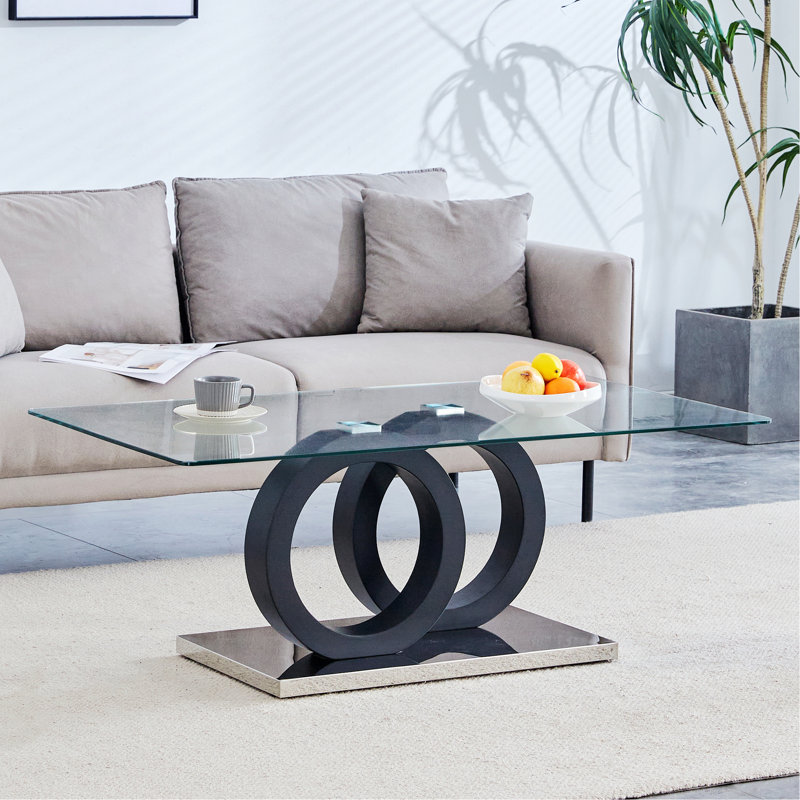 Coffee Table With Glass Top For Living Room, Clear/Black