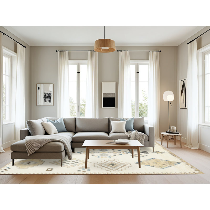 Tapis contemporain beige / bleu, Rectangle 8 pi x 10 pi