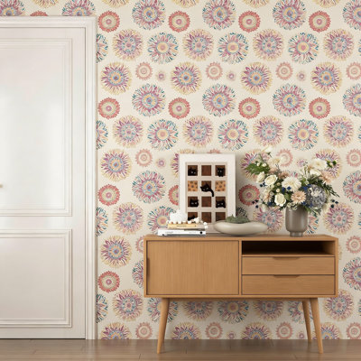 Boho Peel And Stick Wallpaper - Vintage Floral Contact Paper With Retro Circle Pattern, Self-Adhesive Removable Waterproof Vinyl For Walls, Furniture, And Home Decor