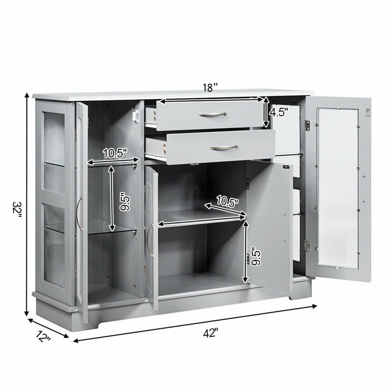 Sideboard Buffet Server Storage Cabinet with 2 Drawers and Glass Doors, Gray