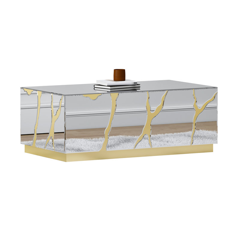 Dalee 39''W Mirrored Block Glass Rectangle Coffee Table With Unique Crackle Design