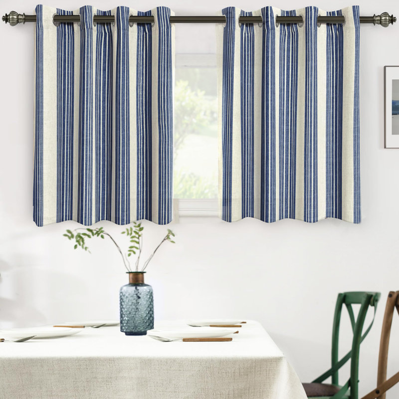 Semi Sheer Grommet Linen Chris Stripe Patterned Curtains, 52" W x 108" L, Dark Navy