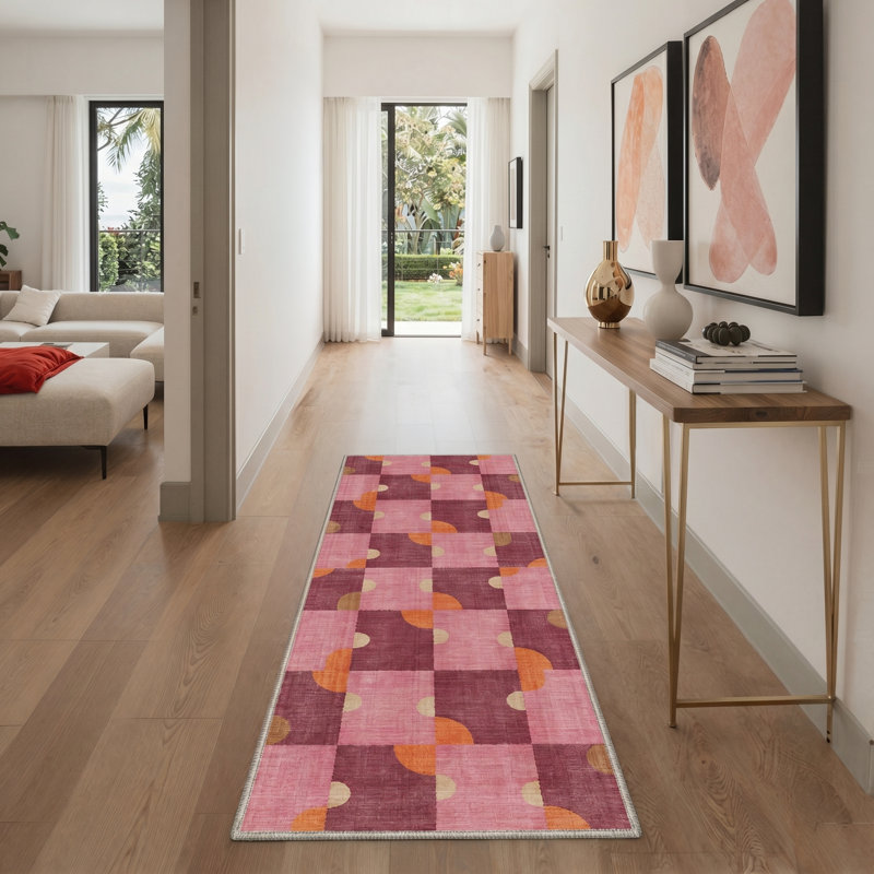 Abrahamson Hexa Modern Machine Washable Pink / Beige / Orange Indoor Area Rug with Non-Slip Backing, Runner 2' x 7'