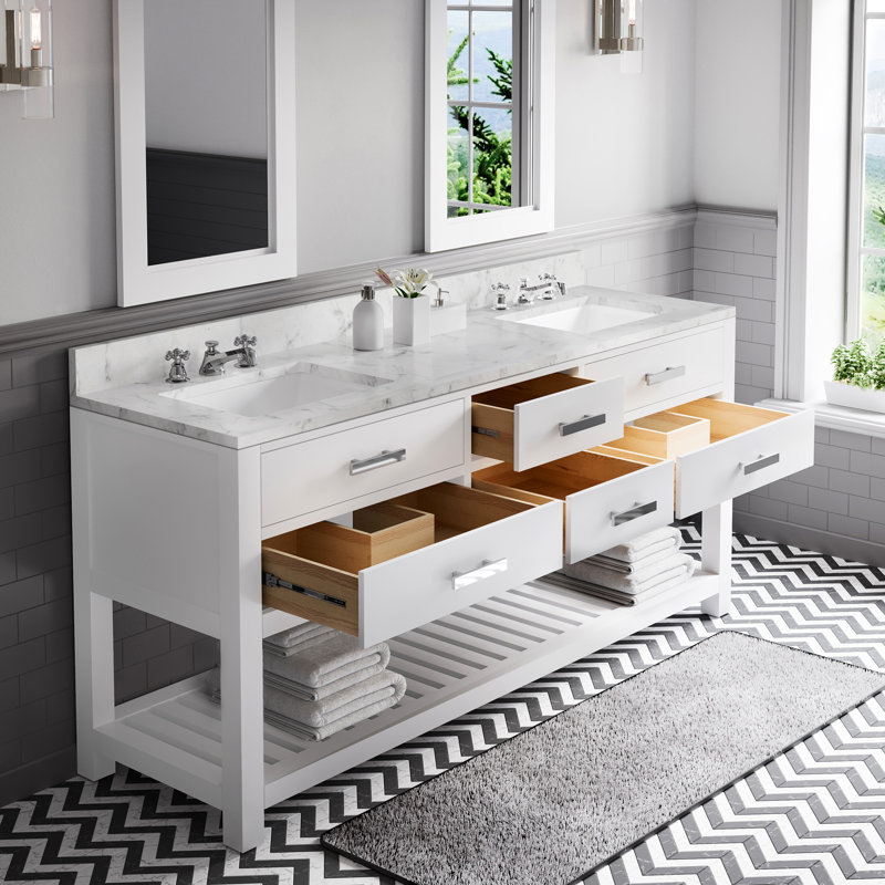 Abrianna 60" Carrara White Marble Countertop Bath Vanity with Mirror, 34" H x 72" W x 21.5"D, Pure White