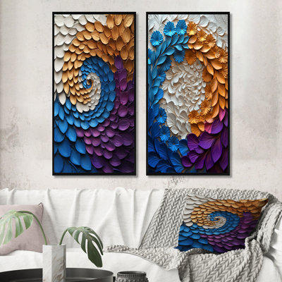 Mauve et bleu, ensemble fractal «Spiral I», art mural abstrait 2 pièces