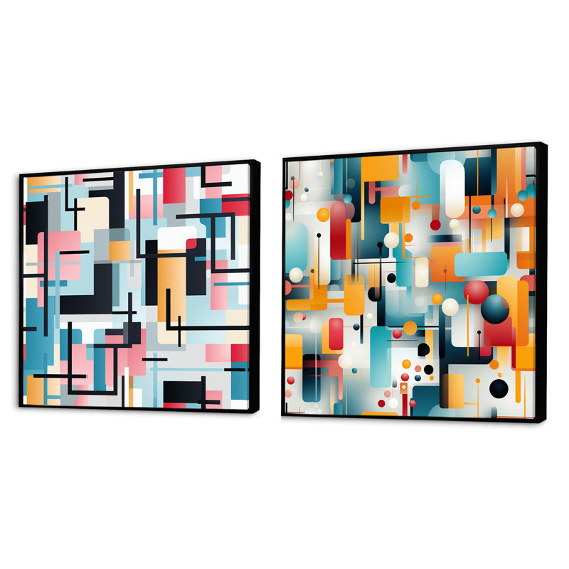 Urban Geometric - Ensemble de 2 collages carrés à formes abstraites, Cadre flottant noir, H 16 po x l 33 po