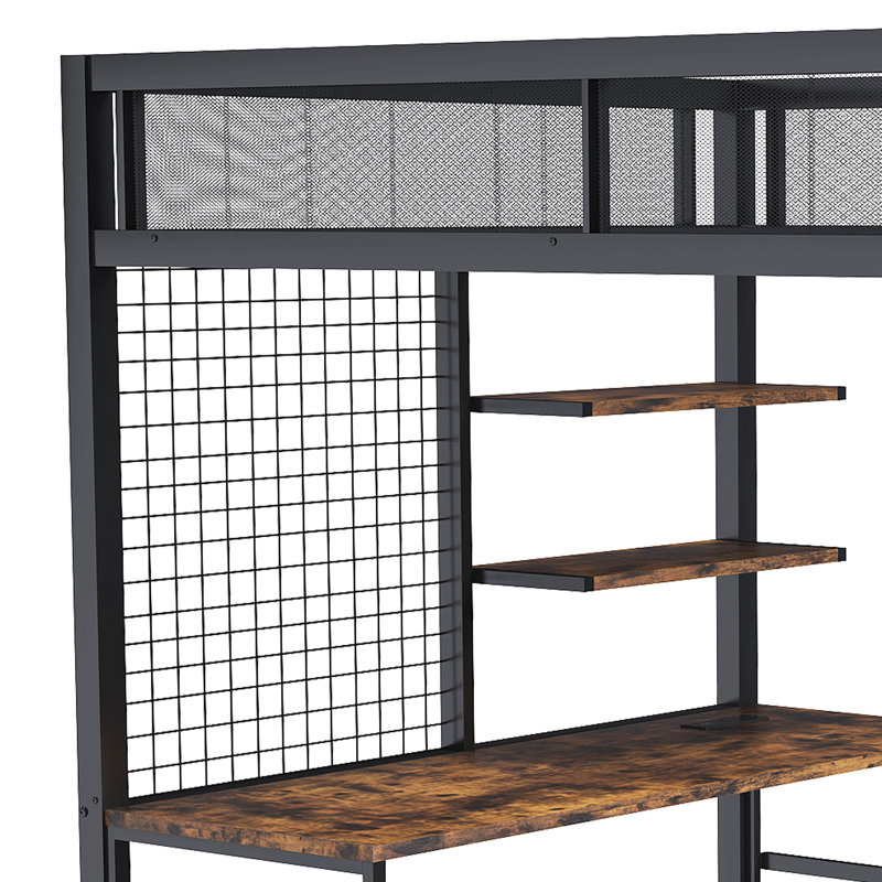 Lit mezzanine double avec bureau et charge USB - structure en métal lourd, 4 tiroirs cachés, escalier et support de rangement