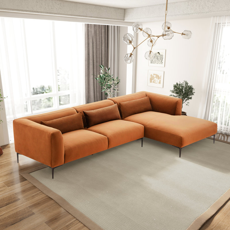 Nashonda 122.8'' Wide Japandi Style L-Shaped Velvet Sofa & Chaise, Orange Velvet