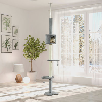 Arbre à chat à hauteur réglable de 85,5 pouces à 4 niveaux avec poteaux à griffes, jouets suspendus et plateformes de repos confortables pour félins actifs.