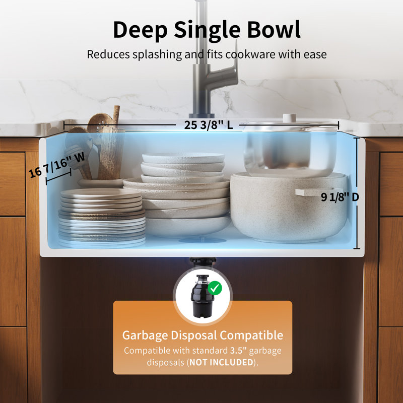 Évier de cuisine de ferme en argile réfractaire DeerValley L 27 po x l 18 po à tablier simple avec accessoires, blanc