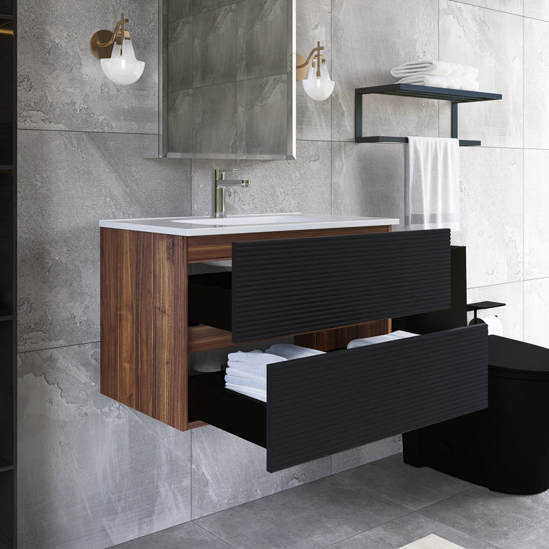 30 po W Meuble-lavabo mural simple avec lavabo, Brun / Noir