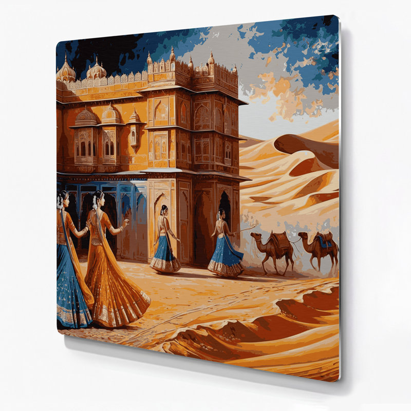 Art mural en métal brun avec villes du Rajasthan en Inde, H 192 po x l 192 po x P 0,05 po