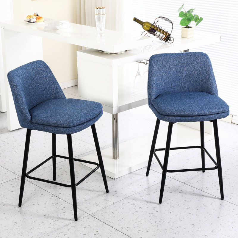 2 tabourets de bar pivotants, hauteur du siège 65 cm, revêtement en lin bleu, pattes en métal, pour îlot de cuisine et table de bar, lin, espace