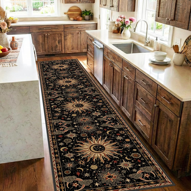2X10 Area Rugs, Washable Vacuum-Friendly Non-Slip Rug Vintage Boho Sun And Moon Printed Pattern Low Pile Carpet For Living Room Bedroom Dining Room Hallway Entryway,Black Gold Beige Red