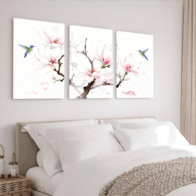 «Magnolia Blossom and Hummingbird», reproduction d'art sur toile tendue à l'aquarelle (ensemble de 3)