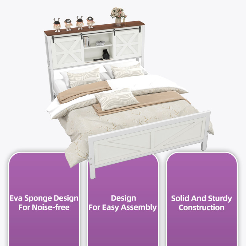 Farmhouse Platform Storage Bed with Bookcase Headboard and Built-In Charging Station, White, Queen