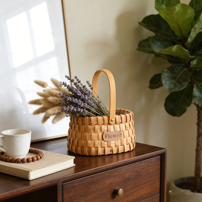 Wooden Flower Girl Basket – Handmade Natural Wood Woven Basket for Wedding Petals, Small Rustic Farmhouse Decorative Basket for Home, Lightweight  with Handle
