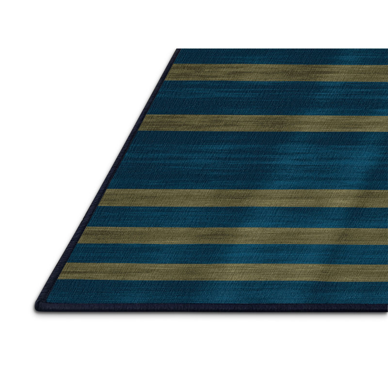Tapis bleu à rayures horizontales lavable à la machine, Rond 7 pi