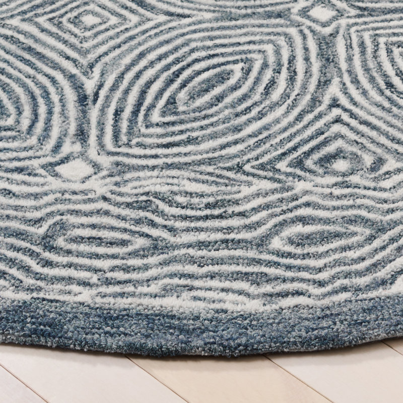 Laine touffetée à la main Micro-Loop 928; Tapis géométrique en coton bleu marine / ivoire, Rond 6 pi