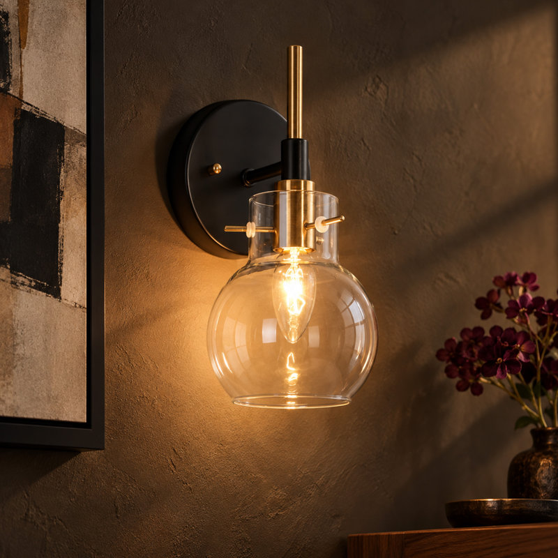1 - Light Dimmable Black/Brass Armed Sconce Bath Vanity Light, Globe