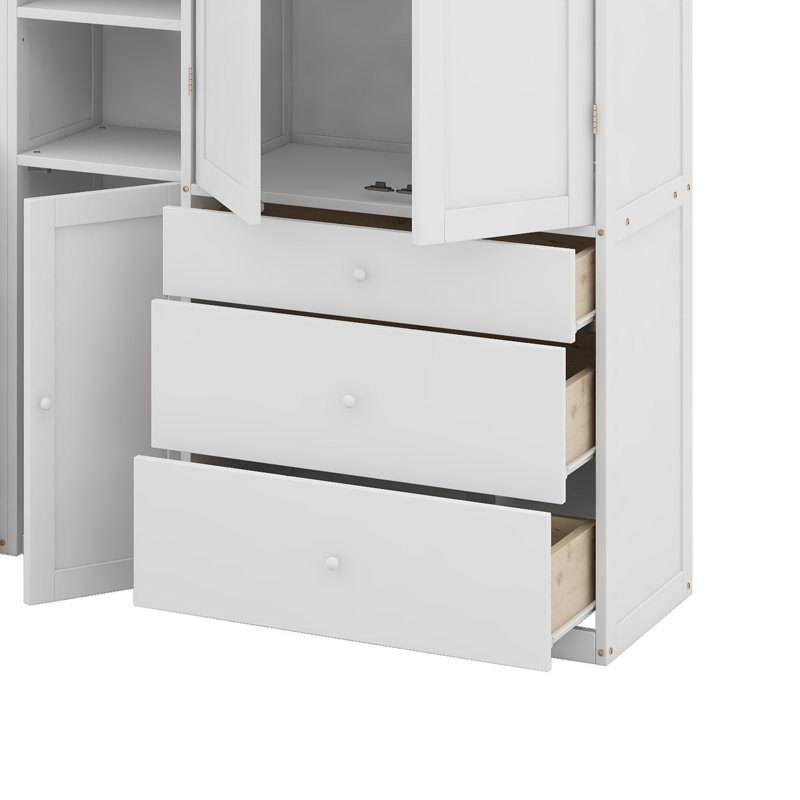 Lit plateforme multifonctionnel avec bureau, garde-robe, armoires, tiroirs et tablettes, Blanc