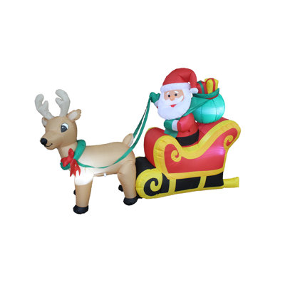 6 Foot Long Lighted Christmas Inflatable Santa Claus in Sleigh with Reindeer and Gift Indoor / Outdoor Holiday Blow Up Yard Garden Decoration