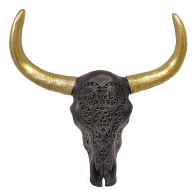 Resin Southwestern Wall Decor Black Bull Skull with Gold Horns Design
