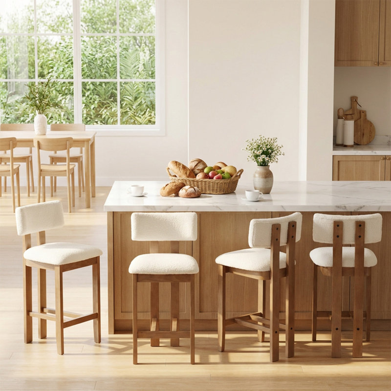 Tabouret rembourré avec structure en bois massif, Blanc