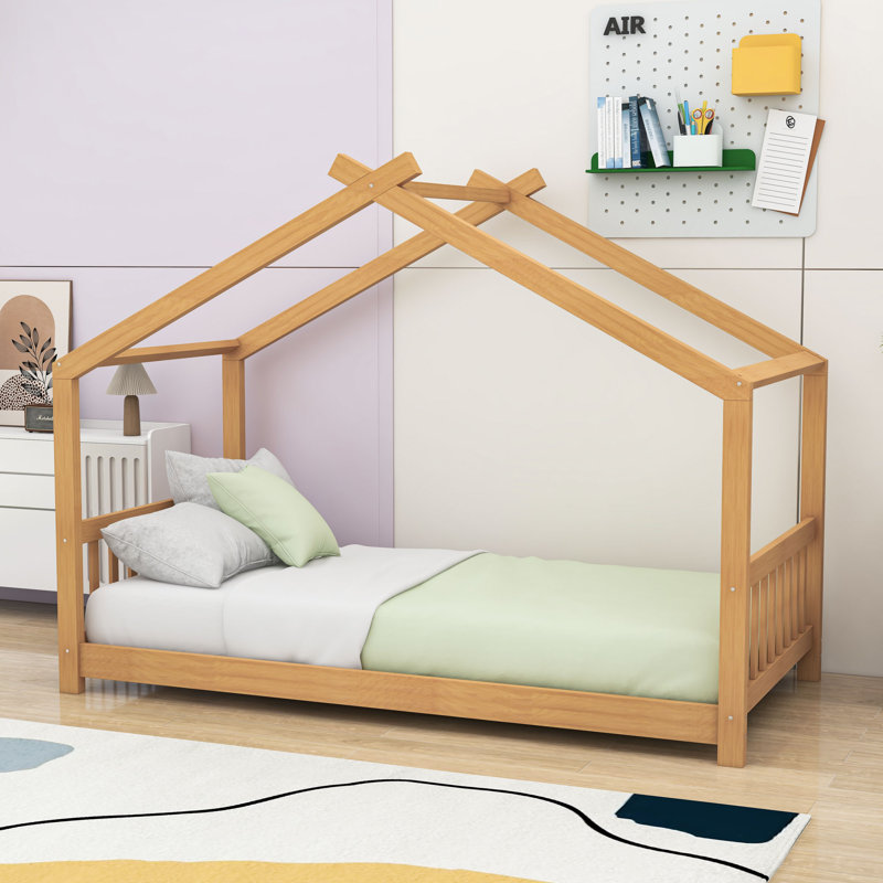 Twin House-Shaped Platform Bed With Slats, Natural